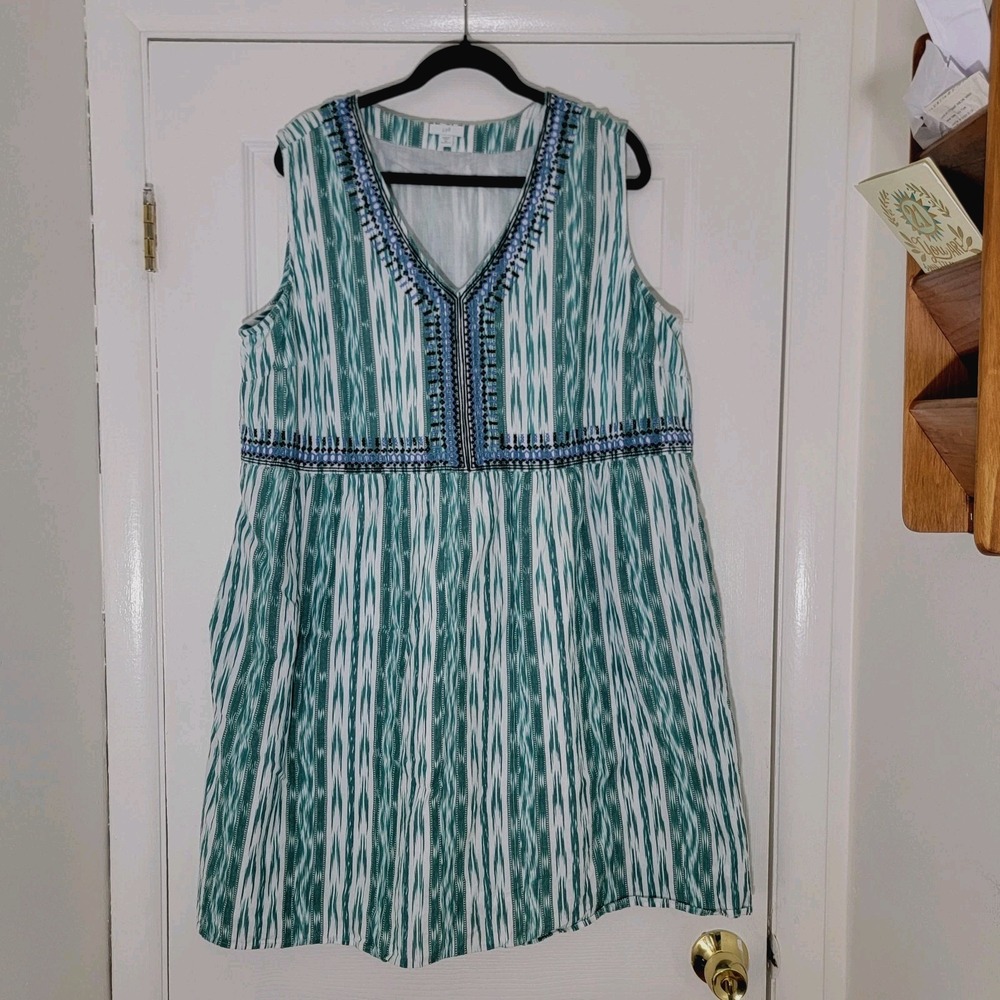 J. Jill Love Cotton Knee Length Dress Pockets Sleeveless Embroidered V-Neck 2X